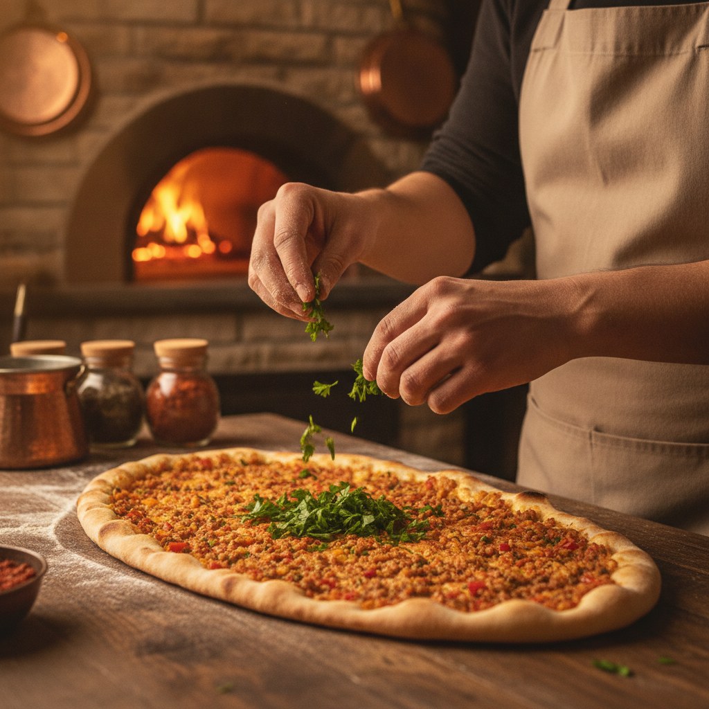 Lahmacun eğitmeni Selin Korkmaz tezgahta hamur açarken